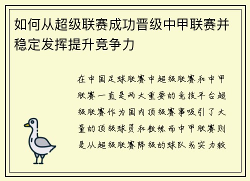 如何从超级联赛成功晋级中甲联赛并稳定发挥提升竞争力